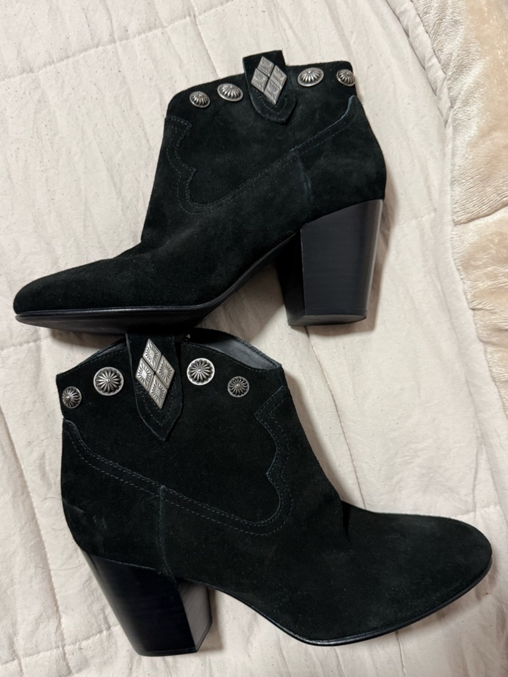 Ralph Lauren Black Suede Studded Western Ankle Boots